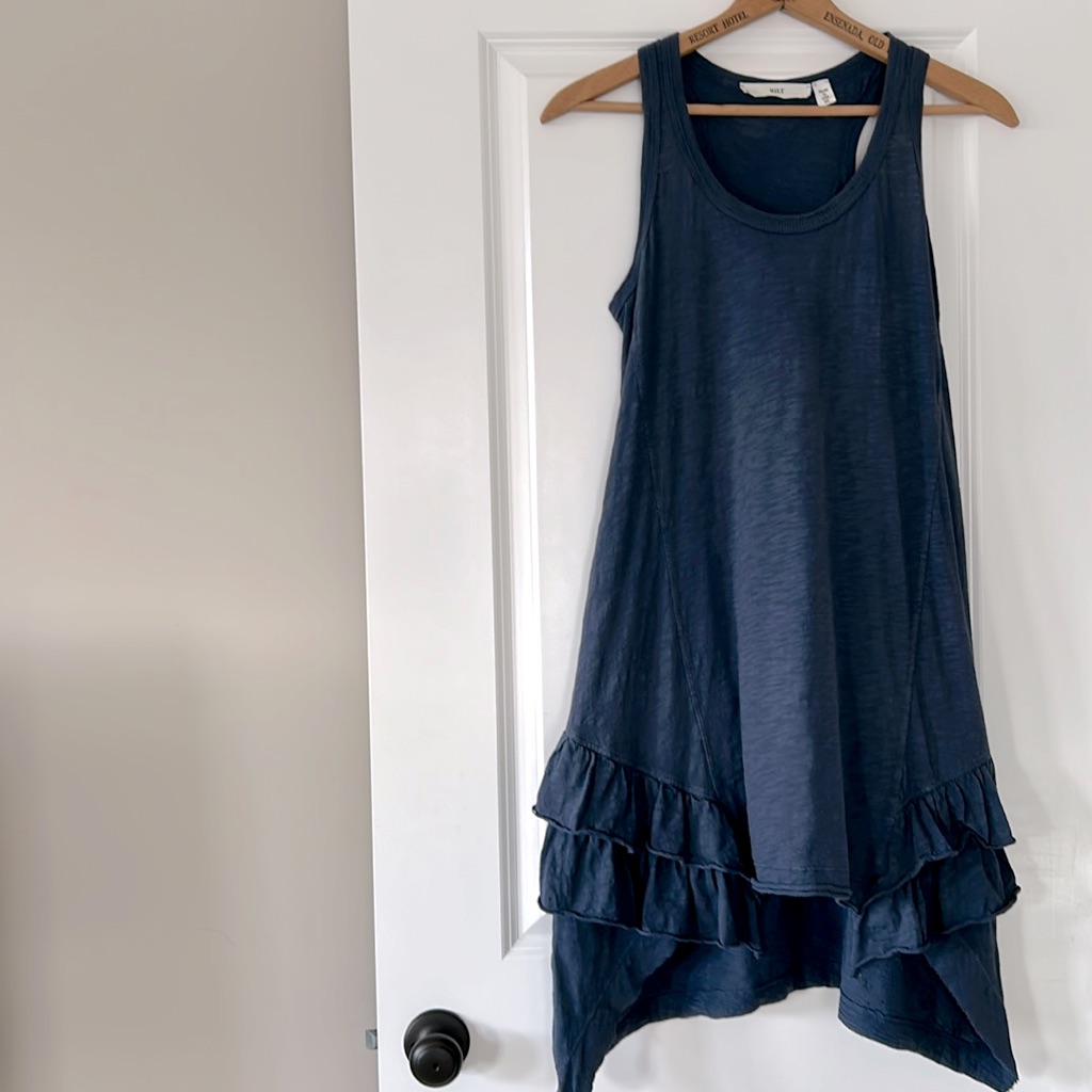 Wilt Blue Racerback Hi Lo Dress W Ruffled & Raw Hems Navy Cotton W Measurements